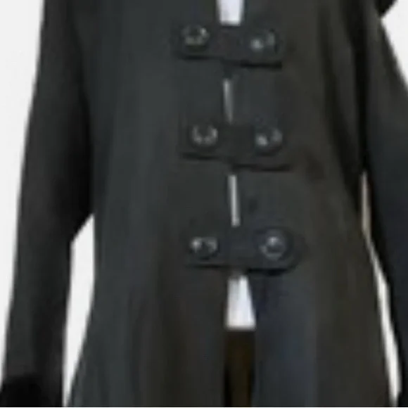 Xian Xian Goth Steampunk Hooded Black Fleece Felt High-Low Coat sz M - Picture 7 of 7